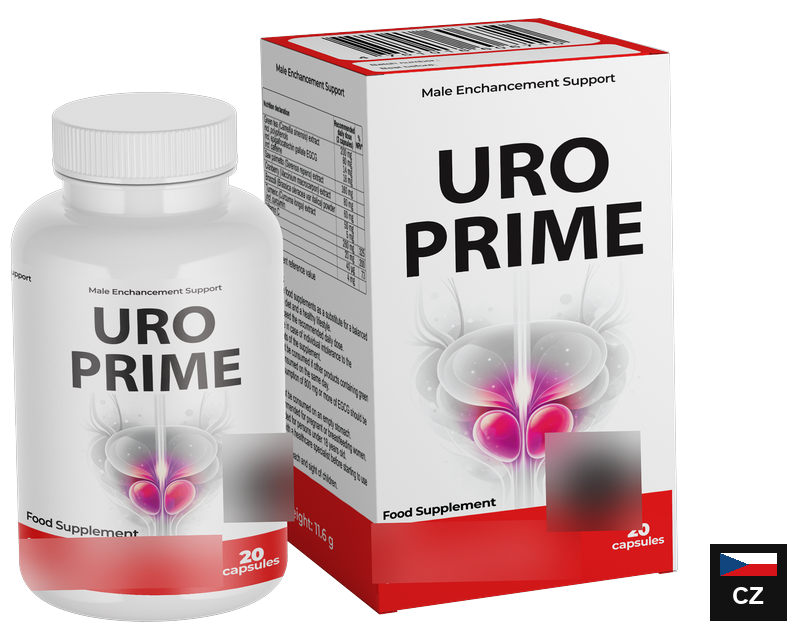 UroPrime – bílá dóza s červenou etiketou a krabička, 20 kapslí, doplněk stravy