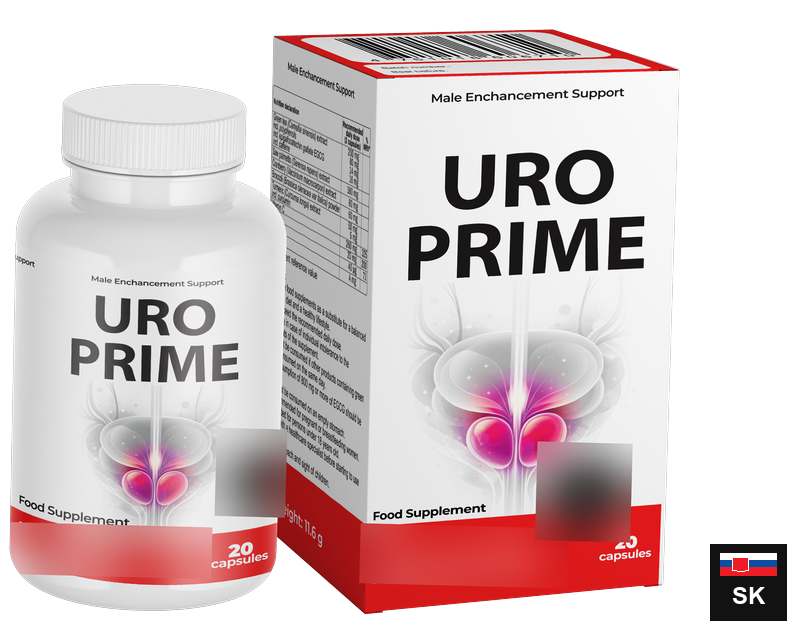 UroPrime – biela dóza s červenou etiketou a škatuľka, 20 kapsúl, výživový doplnok