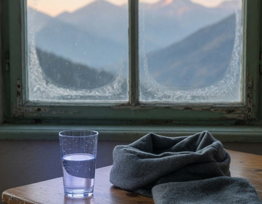 Holztisch an einem Alpenfenster mit Wasserglas und Wollschal – Symbolbild ohne Personen