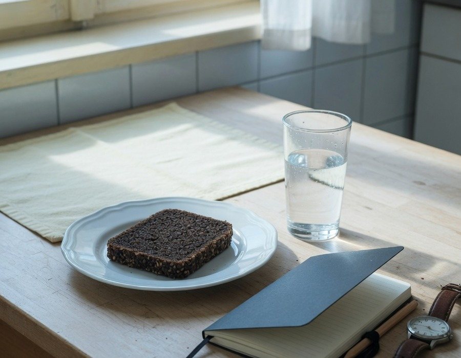 Frühstückstisch mit Glas Wasser und Kapseldose – Symbolbild ohne Personen