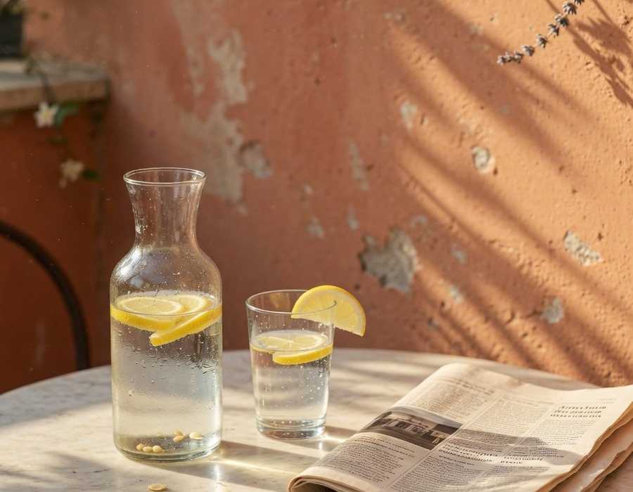 Tavolo su una terrazza al mattino con caraffa d’acqua e limone – immagine simbolica senza persone